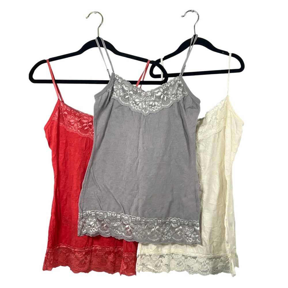 Maurices Y2K Layering Tank Top Lace Trim Set 3 Gray Cream Pink Small Cottagecore